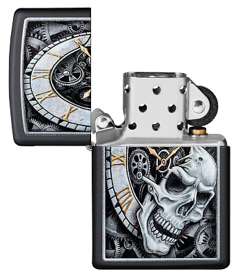 Зажигалка ZIPPO Skull Clock с покрытием Black Matte, латунь/сталь, чёрная, матовая, 38x13x57 мм