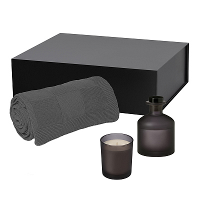 Подарочный набор Enigma, Cella, серый (свеча, диффузор, плед) (Серый, черный)