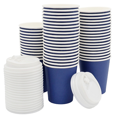 Набор бумажных стаканов с крышкой 8 унций (240 мл), 50 шт (Синий - снаружи, белый внутри)