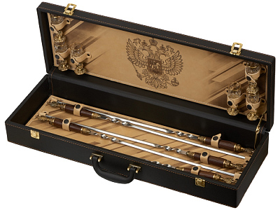 Набор Подарочный (Стопки- прозрачный/золотистый, шампура- серебристый/коричневый, дипломат- темно-коричневый)