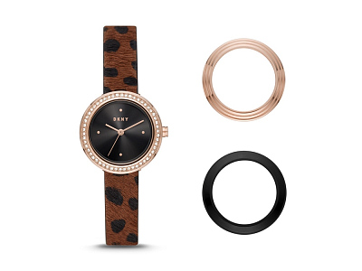 Часы наручные со сменными базелями, женские (Корпус- розовое золото, циферблат- черный, крепление- коричневый)