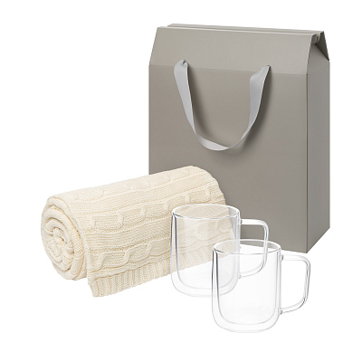 Подарочный набор Viora, Fado в серой коробке-пакете (2 кружки+плед) (Прозрачный, бежевый, серый)