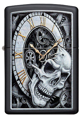Зажигалка ZIPPO Skull Clock с покрытием Black Matte, латунь/сталь, чёрная, матовая, 38x13x57 мм