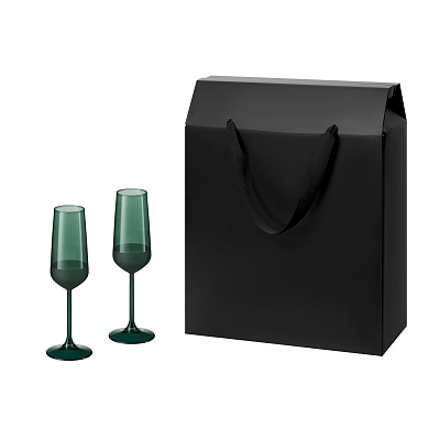 Подарочный набор 2 бокала для шампанского Emerald в большом подарочном пакете (Зеленый, черный)