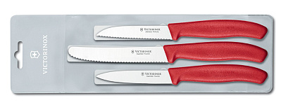 Набор из 3 ножей VICTORINOX Swiss Classic: 2 ножа для овощей 8 см, столовый нож 11 см, красная ручка (Красный)