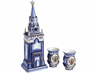 Набор Кремль: штоф для водки с двумя стопками (Белый/синий)