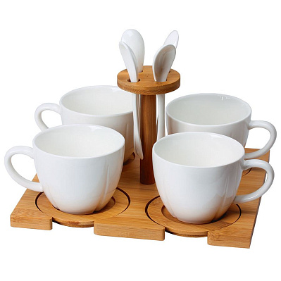 Набор "Ксю":чайная пара (4шт) и чайная ложка (4шт) с подставкой в подарочной упаковке (Коричневый, белый)