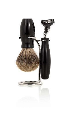 Бритвенный набор Mondial: станок, помазок, чаша, подставка; оливковое дерево (Черный)