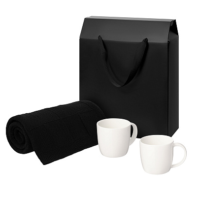 Подарочный набор Dafna, Cella, черный в коробке-пакете (две фарфоровых кружки, плед) (Черный, белый)