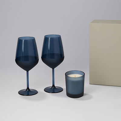 Подарочный набор свеча Enigma + 2 бокала для вина Sapphire в серой коробке (Синий, серый)