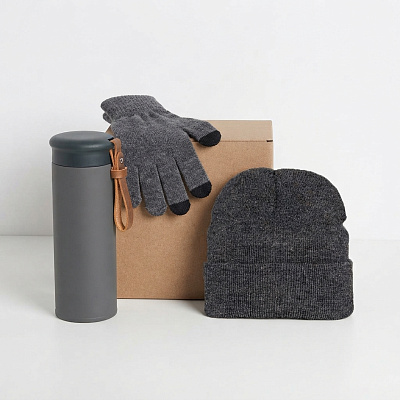Набор подарочный GET WARM-2: перчатки, шапка, термос (Серый меланж)