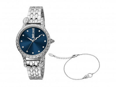Подарочный набор: часы наручные женские, браслет (Корпус- серебристый, циферблат- синий, крепление- серебристый)