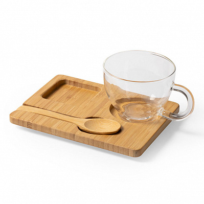 Набор MORKEL:чашка, ложка, подставка, бамбук, боросиликатное стекло (Прозрачный)