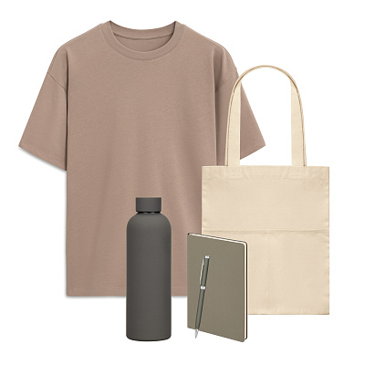 Набор с одеждой RUST (футболка, термобутылка, ежедневник, ручка, шоппер), мокко/серый, XL/2XL (Бежевый, серый)