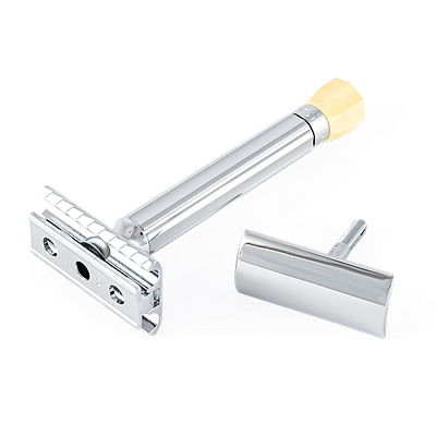 Станок Т-образный для бритья MERKUR 510C, глянцевое хромированное покрытие, прямой срез, закрытый гребень, длинная ручка, лезвие в комплекте (1 шт)