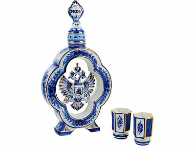 Набор Герб России: штоф для водки с двумя стопками (Белый/синий)