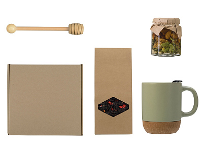 Подарочный набор с чаем, кружкой, медом и ложкой для меда (Зеленый оливковый)