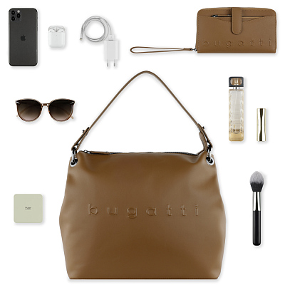 Сумка наплечная женская BUGATTI Daphne, коньячный цвет, воловья кожа/полиэстер, 34х13х30 см