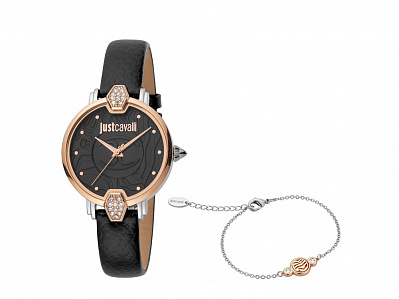 Подарочный набор: часы наручные женские, браслет (Корпус- розовое золото, циферблат- черный, крепление- черный)