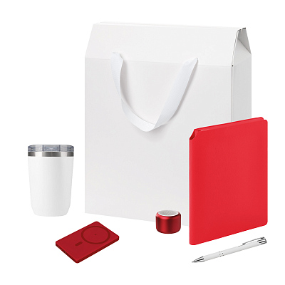 Подарочный набор Welcome Pack Premium, красный (термокружка, колонка, ежедневник, ручка, ЗУ, коробка-пакет) (Красный, белый)