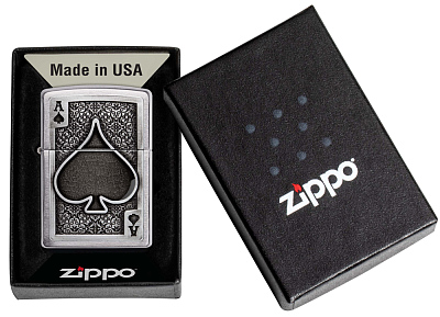 Зажигалка ZIPPO Ace Of Spades с покрытием Brushed Chrome, латунь/сталь, серебристая, 38x13x57 мм