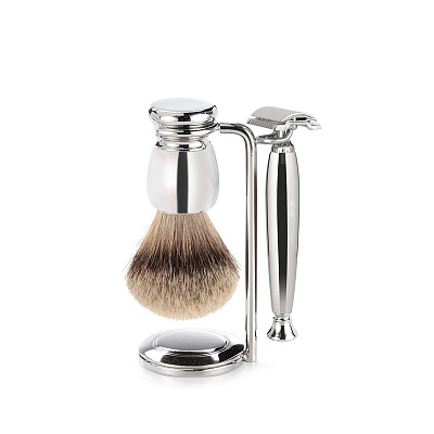 Бритвенный набор Mondial: станок, помазок, чаша, подставка; светлый и серый перламутр (Серебристый)