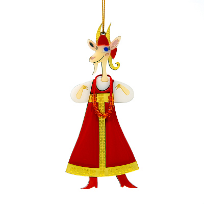 Ёлочная игрушка Коза в сарафане (красный с белым)