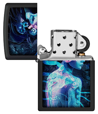 Зажигалка ZIPPO Cyborg Woman с покрытием Black Light, латунь/сталь, черная, матовая 38x13x57 мм