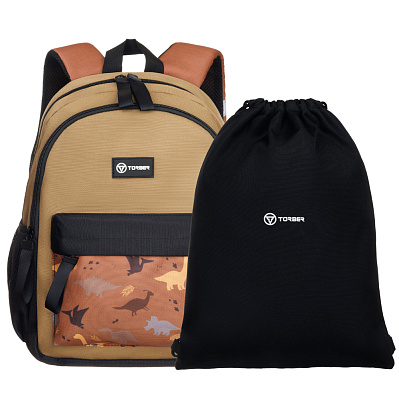 Рюкзак TORBER CLASS X Mini, хаки с орнаментом, полиэстер 900D + Мешок для сменной обуви в подарок! (Коричневый)