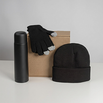 Набор подарочный GET WARM: перчатки, шапка, термос (Чёрный)