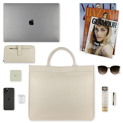 Сумка-тоут женская BUGATTI Daphne, бежевый цвет, воловья кожа/полиэстер, 41х15х34,5 см