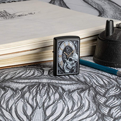 Зажигалка ZIPPO Skull Clock с покрытием Black Matte, латунь/сталь, чёрная, матовая, 38x13x57 мм