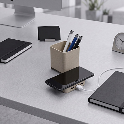 Настольный органайзер Cubic с функциями USB-хаба и беспроводной зарядки (Натуральный)