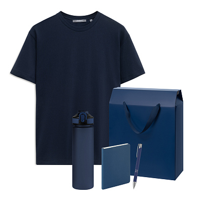 Набор с одеждой KRIS (футболка, термокружка, блокнот, ручка), черный, S (Синий)