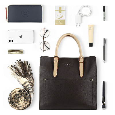 Сумка-портфель женская BUGATTI Ella, тёмно-коричневая, полиуретан, 30х11,5х28 см