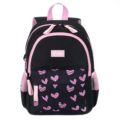 Рюкзак TORBER CLASS X Mini, чёрный/розовый с орнаментом, полиэстер 900D + Мешок для обуви в подарок (Черный)