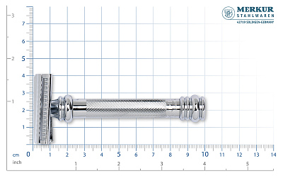 Cтанок Т-образный для бритья MERKUR 39C, глянцевое хромированное покрытие, косой срез, закрытый гребень, длинная ручка, лезвие в комплекте (1 шт)
