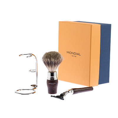 Бритвенный набор Mondial: станок MACH3, помазок, подставка; венге