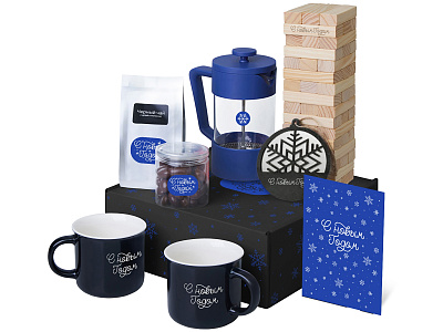 Подарочный набор Re:Together с френчпрессом, кружками и дженгой (Синий)