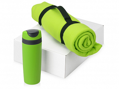 Подарочный набор Cozy с пледом и термокружкой (Зеленый/темно-серый/черный)