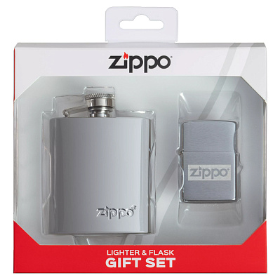 Подарочный набор ZIPPO: фляжка 89 мл и зажигалка, латунь/сталь , в коробке с подвесом (Серебристый)