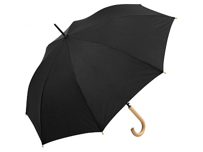 Зонт-трость Okobrella с деревянной ручкой и куполом из переработанного пластика (Черный)