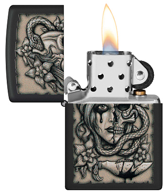 Зажигалка ZIPPO Gory Tattoo с покрытием Black Matte, латунь/сталь, черная, матовая, 38x13x57 мм