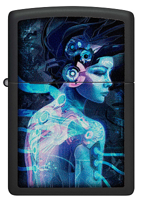 Зажигалка ZIPPO Cyborg Woman с покрытием Black Light, латунь/сталь, черная, матовая 38x13x57 мм
