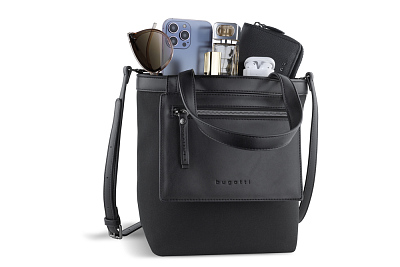 Сумка-тоут женская маленькая BUGATTI Elena, черная, канвас, полиуретан, 33 x 15,5 x 24 см