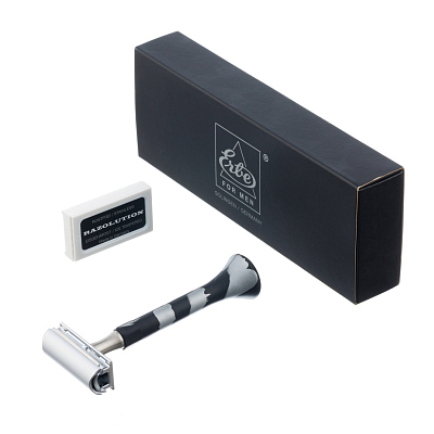 Станок Т-образный для бритья ERBE с двумя лезвиями, нержавеющая сталь, хромированное покрытие, силикон, серебристый/черный цвет, в картонной коробке