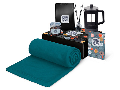 Подарочный набор Re:y. Vive с пледом, френч-прессом и кофе (Синий индиго)