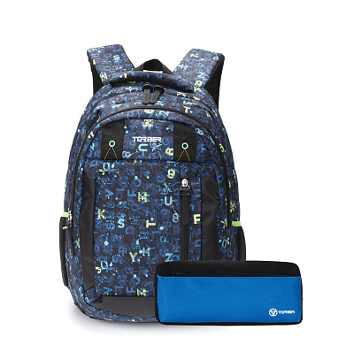 Рюкзак TORBER CLASS X, темно-синий с рисунком "Буквы", полиэстер, 45 x 32 x 16 см (Голубой)