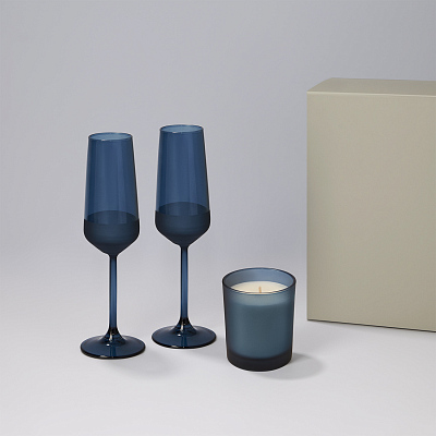 Подарочный набор свеча Enigma + 2 бокала для шампанского Sapphire в серой коробке (Синий, серый)