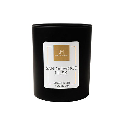 Ароматическая свеча в черном стакане, сандал и мускус, 190 мл